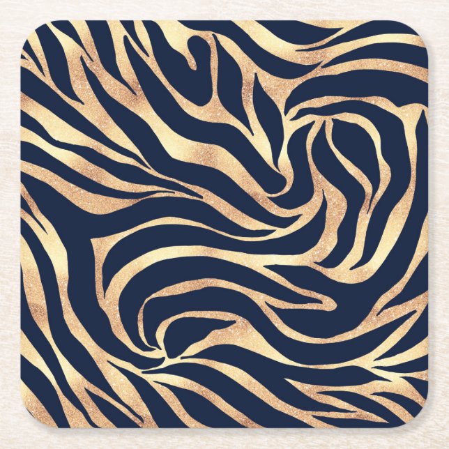 Dessous-de-verre Carré En Papier Elégant bleu marine Gold Zebra Imprimer (Devant)