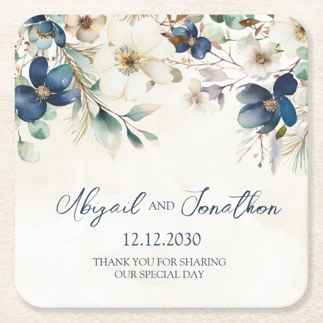 Dessous-de-verre Carré En Papier Elegant Blue Floral Winter Wedding (Devant)
