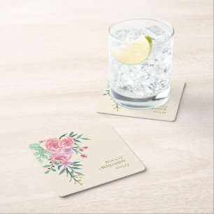 Dessous-de-verre Carré En Papier Élégant Bohème Rose Pâle Floral Aquarelle Mariage 
