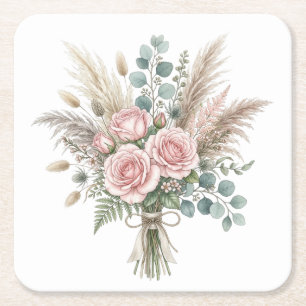 Dessous-de-verre Carré En Papier Élégant Bouquet Floral Boho Rose Pâle coussin 
