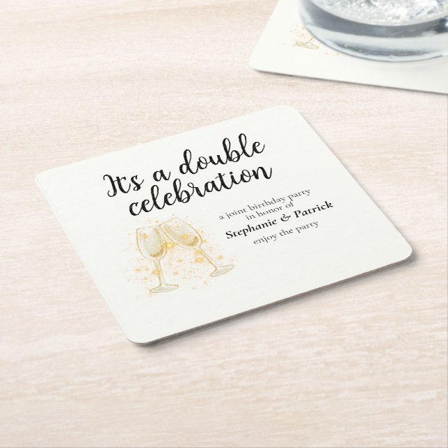 Dessous-de-verre Carré En Papier Élégant Champagne Double Célébration (Incliné)