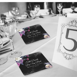 Dessous-de-verre Carré En Papier Élégant crâne floral gothique noir violet mariage