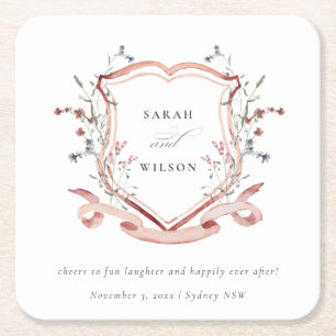 Dessous-de-verre Carré En Papier Élégant Fleur sauvage rose Mariage d'aquarelle de