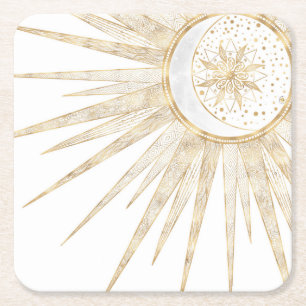 Dessous-de-verre Carré En Papier Elegant Gold Doodles Sun Moon Mandala Design