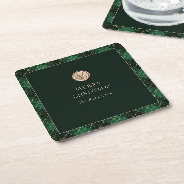 Dessous-de-verre Carré En Papier Elegant Green Plaid Merry Christmas  (Incliné)