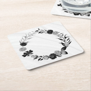 Dessous-de-verre Carré En Papier élégant gris argenté et noir floral