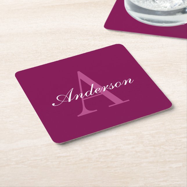 Dessous-de-verre Carré En Papier Élégant Magenta Rouge, rose & blanc Nom & Monogram (Incliné)