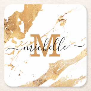 Dessous-de-verre Carré En Papier Élégant Marbre Blanc Or Main Lettré Monogramme