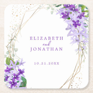 Dessous-de-verre Carré En Papier Élégant Mariage de cadre d'or floral violet