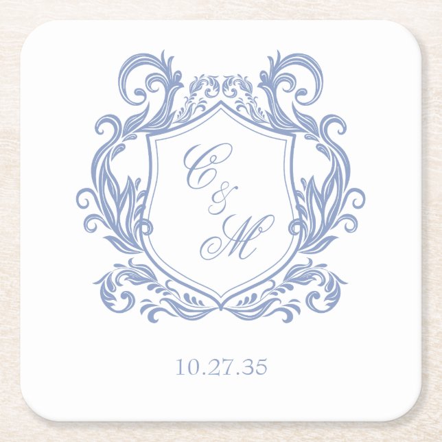 Dessous-de-verre Carré En Papier Élégant Mariage de Monogram Blue Dusty (Devant)