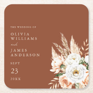 Dessous-de-verre Carré En Papier Élégant Mariage Floral Burnt Orange Terracotta
