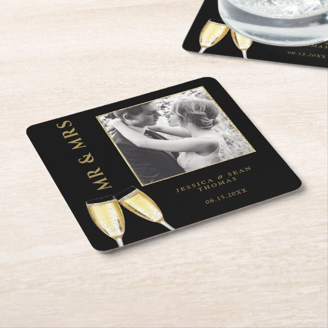 Dessous-de-verre Carré En Papier Élégant Mariage photo Champagne (Incliné)