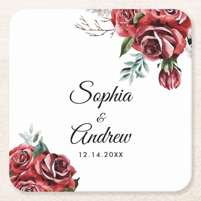 Dessous-de-verre Carré En Papier Élégant Marsala Rouge Rose Rustique Mariage (Devant)