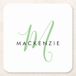 Dessous-de-verre Carré En Papier Élégant Monogramme moderne blanc vert Script