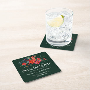 Dessous-de-verre Carré En Papier Élégant Noël vert rouge floral Enregistrer la date
