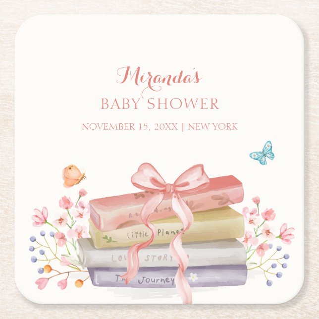 Dessous-de-verre Carré En Papier Élégant nouveau chapitre Floral Bow Baby shower li (Devant)