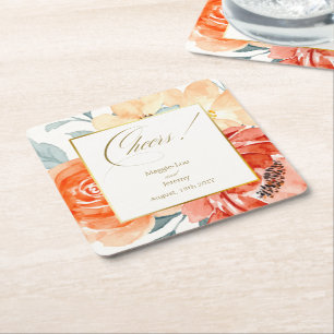 Dessous-de-verre Carré En Papier Élégant or Blush Floral Script Mariage