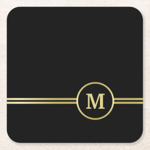 Dessous-de-verre Carré En Papier Élégant or Monogramme personnalisé sur noir