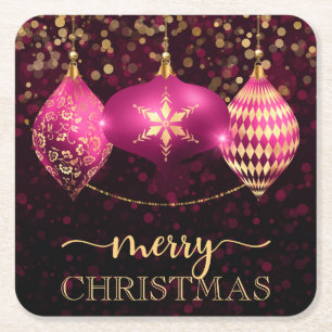 Dessous-de-verre Carré En Papier Élégant rose chaud et or Bauble Joyeux Noël