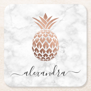 Dessous-de-verre Carré En Papier Élégant rose en cuivre, ananas en marbre blanc