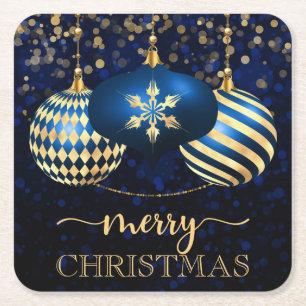 Dessous-de-verre Carré En Papier Elégant Royal Blue & Gold Baubles Joyeux Noël