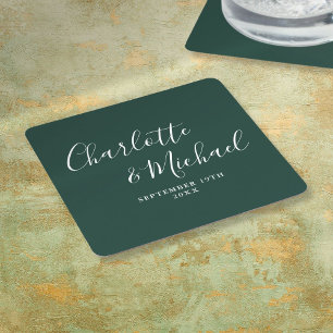 Dessous-de-verre Carré En Papier Élégant signature Script Emerald Green Mariage