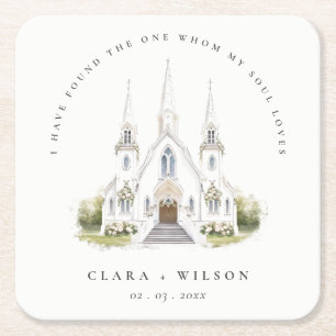 Dessous-de-verre Carré En Papier Élégant simple catholique Mariage de l'église aqua