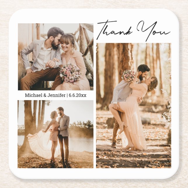 Dessous-de-verre Carré En Papier élégante 3 photos merci mariage faveur (Devant)