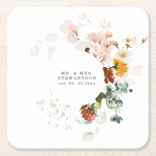 Dessous-de-verre Carré En Papier Elégante aquarelle Fleur sauvage Jardin Mariage (Devant)