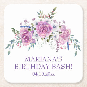 Dessous-de-verre Carré En Papier Elégante aquarelle violet florale fête d'anniversa