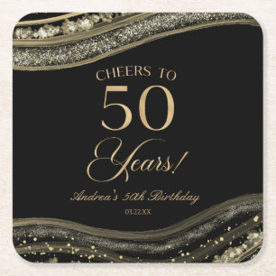 Dessous-de-verre Carré En Papier Elégante Black Gold Agate 50e fête d'anniversaire
