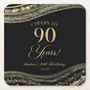 Dessous-de-verre Carré En Papier Elégante Black Gold Agate 90e fête d'anniversaire