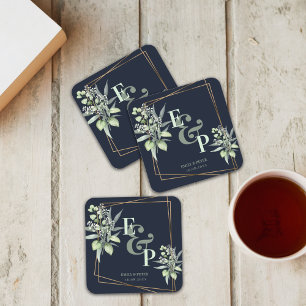 Dessous-de-verre Carré En Papier Elégante Eucalyptus Monogramme Soirée de Mariage V
