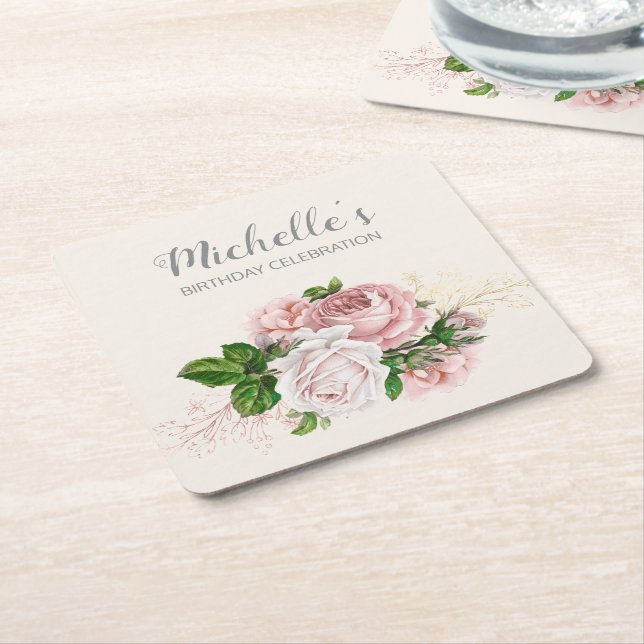 Dessous-de-verre Carré En Papier Élégante fête d'anniversaire rose Vintage (Incliné)