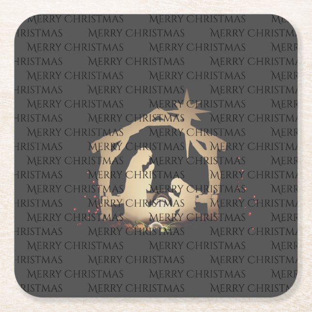 Dessous-de-verre Carré En Papier Élégante Nativité Argent Noir Joyeux Noël (Devant)