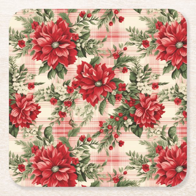 Dessous-de-verre Carré En Papier Élégante Poinsettie de Noël Rouge (Devant)