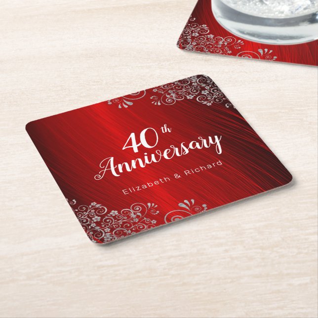 Dessous-de-verre Carré En Papier Élégante Ruby Red 40th Anniversary Party (Incliné)