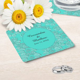 Dessous-de-verre Carré En Papier Élégantes marguerites en Mariage floral turquoise