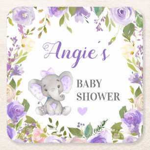 Dessous-de-verre Carré En Papier Eléphant Bébé Fille Douche Lavande Floral Verre