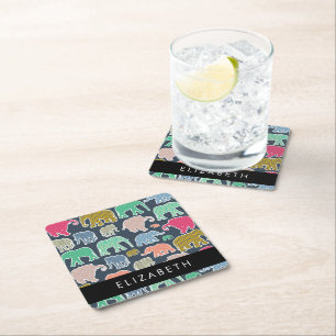 Dessous-de-verre Carré En Papier Eléphants colorés, Motif d'éléphants, Votre nom