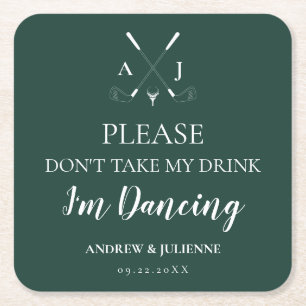Dessous-de-verre Carré En Papier Emerald Green Moderne Monogram Mariage de golf