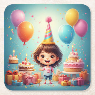Dessous-de-verre Carré En Papier Enfant joyeux célébrant son anniversaire avec un g