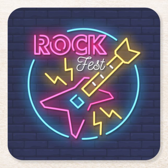 Dessous-de-verre Carré En Papier Enseigne néon Rock Fest simulée contre un mur de b (Devant)