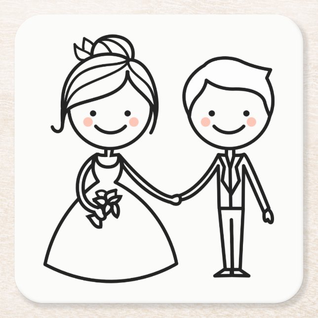 Dessous-de-verre Carré En Papier Épouse de caricatures et Mariage noir et blanc (Devant)