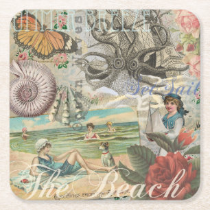 Dessous-de-verre Carré En Papier été plage vintage pieuvre antique voile