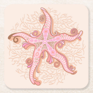 Dessous-de-verre Carré En Papier Étoiles de mer et motif pastel rose corail