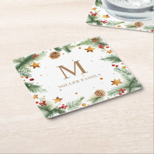 Dessous-de-verre Carré En Papier Étoiles de verdure hivernale Monogramme de vacance