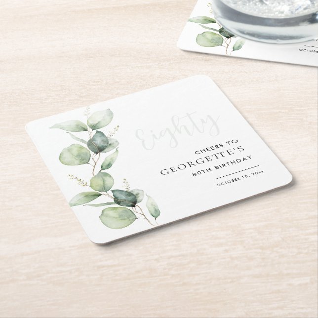 Dessous-de-verre Carré En Papier Eucalyptus Aquarelle 80e Anniversaire (Incliné)