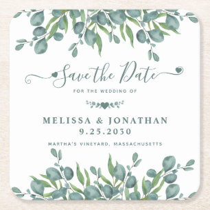 Dessous-de-verre Carré En Papier Eucalyptus Green Sage Wedding Enregistrer La Date