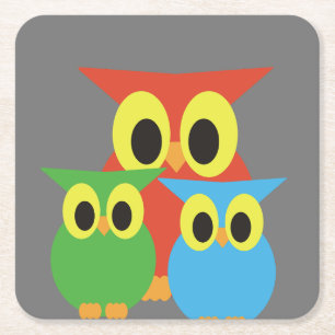 Dessous-de-verre Carré En Papier Famille de chouettes : rouge, vert et bleu